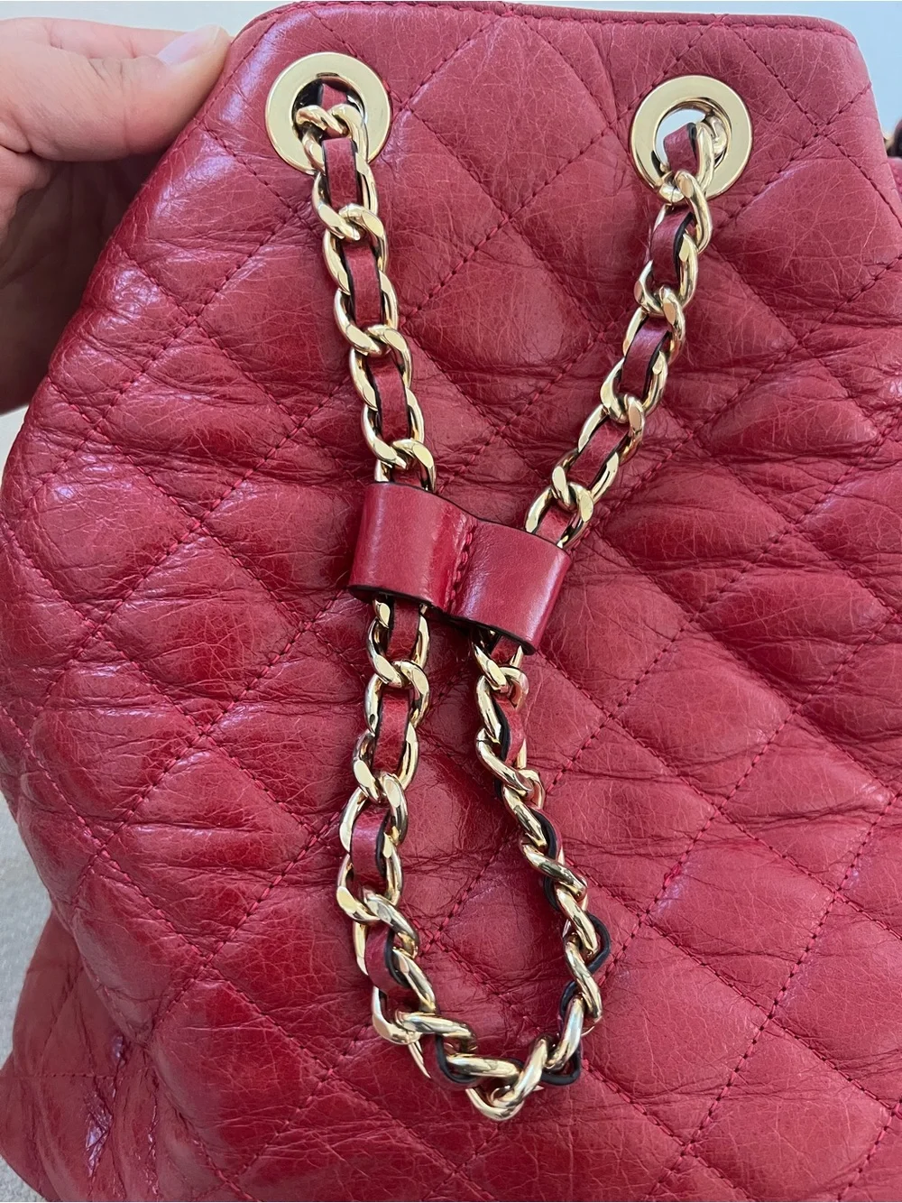 Michael Kors Quilted Red Leather Drawstring Hobo with Gold Chain